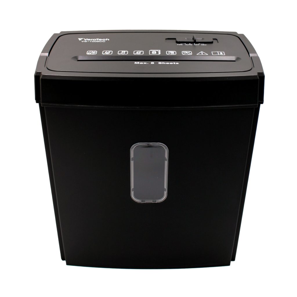 Niszczarka Verotech VS-1008CC niszczy 8 arkuszy, karty i płyty CD. Poziom bezpieczeństwa DIN P-4. Idealna do małego biura i domu.