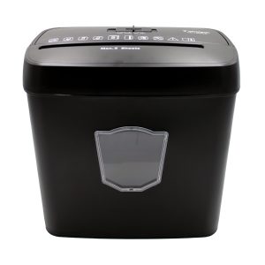 Kompaktowa niszczarka Verotech VS-1005CC niszczy 5 arkuszy A4, karty i zszywki. Idealna do domu i małego biura, poziom bezpieczeństwa DIN P-4.