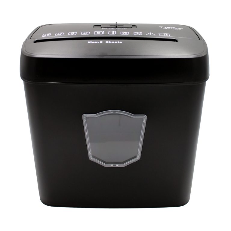 Kompaktowa niszczarka Verotech VS-1005CC niszczy 5 arkuszy A4, karty i zszywki. Idealna do domu i małego biura, poziom bezpieczeństwa DIN P-4.
